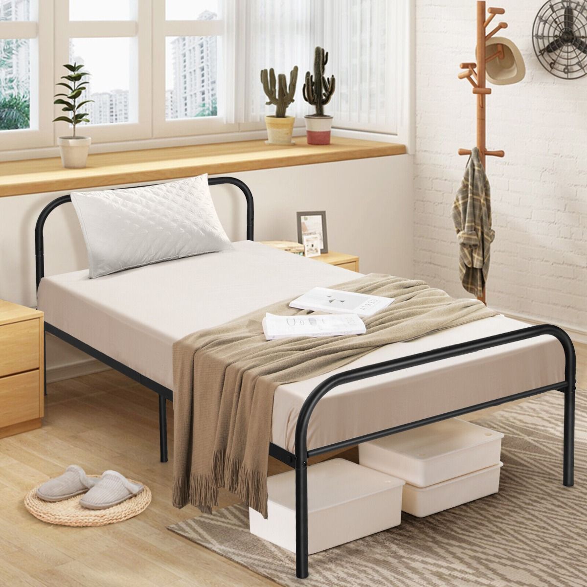Single Metal Bed Frame with Headboard Footboard and Underbed Storage Space
